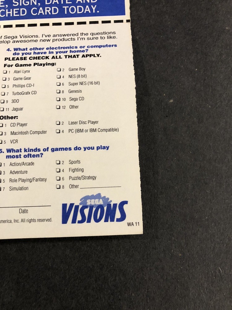 sega visions registration card insert WA 11