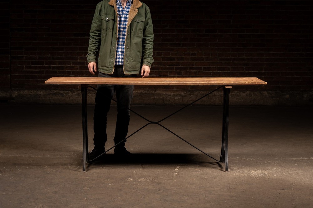 Early Industrial Oak Plank Table with Cast Iron Machine Base
