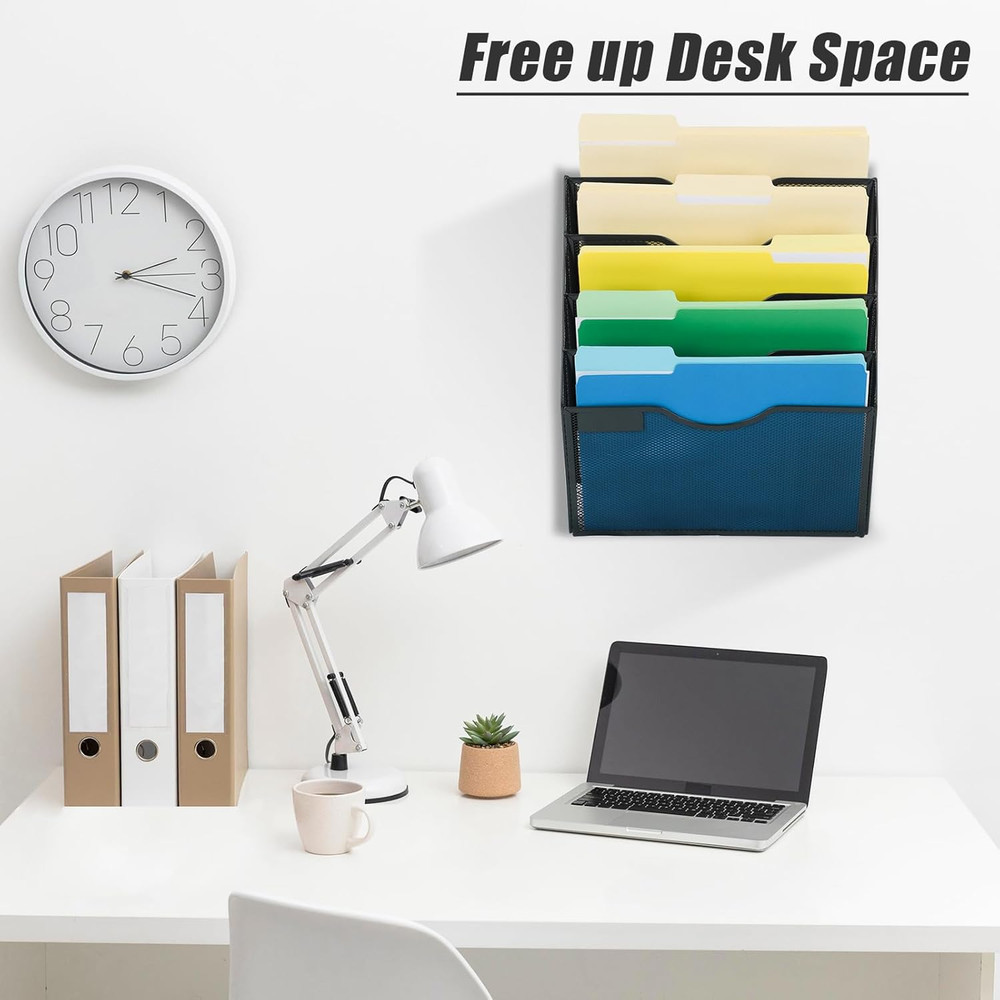 Wall File Organizer 5 Pocket Mesh Hanging Mail Holder Document Folder Rack Black