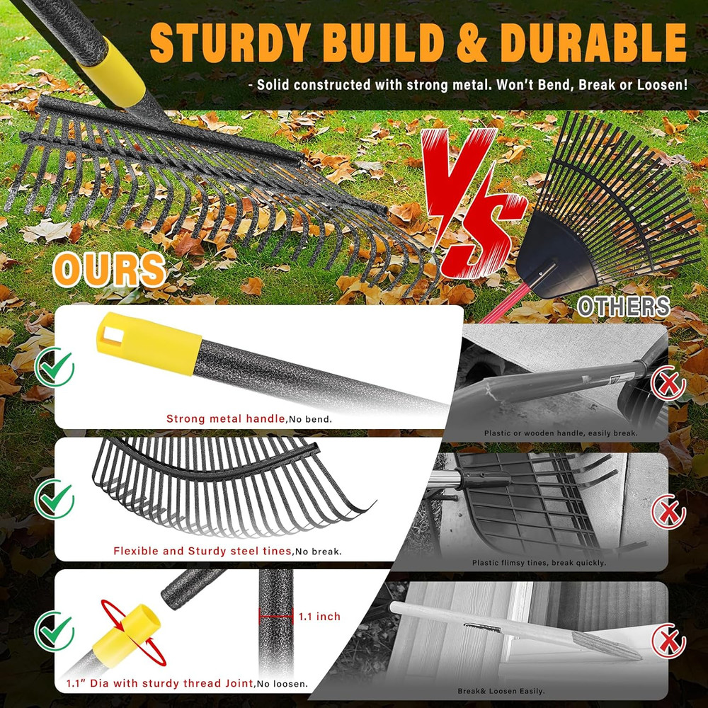 25-Tine Metal Leaf Rake Set with Adjustable Handle, 32-Gallon Bag & Leaf Scoops