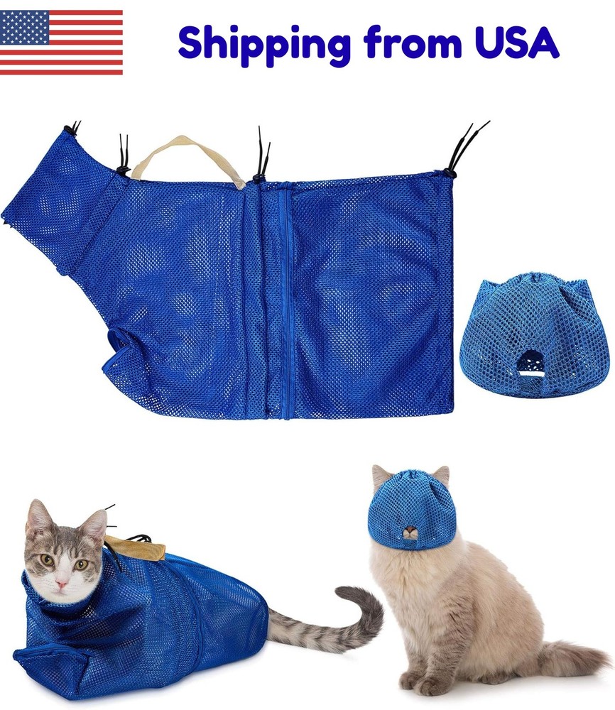 Cat Grooming Restraint Bag & Muzzle Set - Bathing, Nail Trimming - 2 Piece Blue