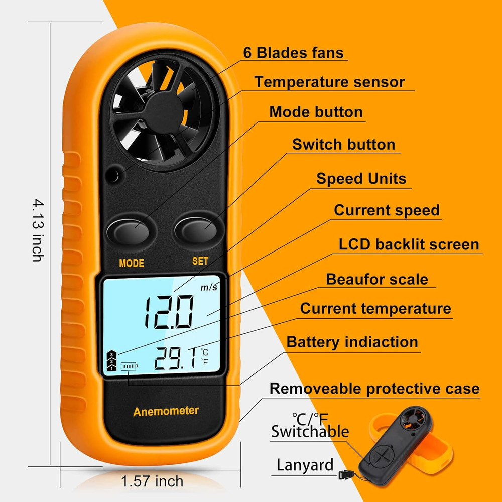 Anemometer Handheld, Light Weight Digital Wind Speed Meter, Wind Speed Temperatu