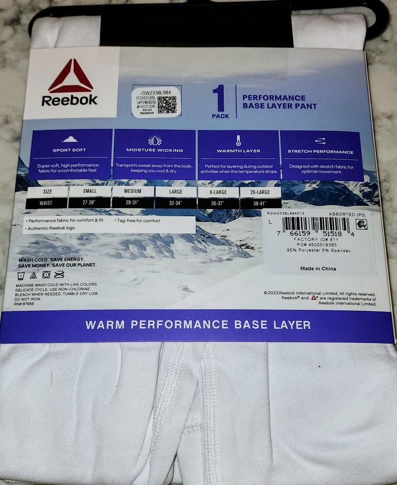 Reebok Women's Warm Performance Base Layer Pants LARGE WHITE NEW