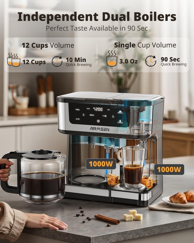 AIRMSEN 12-Cup Programmable Dual Coffee Maker – Single Serve 12 Cup, Black