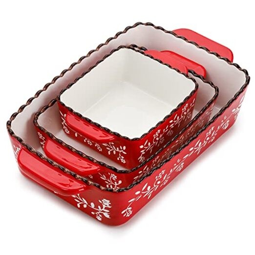 3 Pack Ceramic Bakeware Set, Porcelain Rectangular Baking Dish Lasagna Red