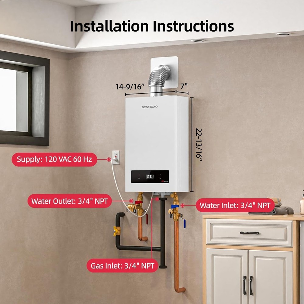 Indoor or Outdoor Tankless Water Heater Propane 5.1 GPM 120,000 BTU, Smart WIFI