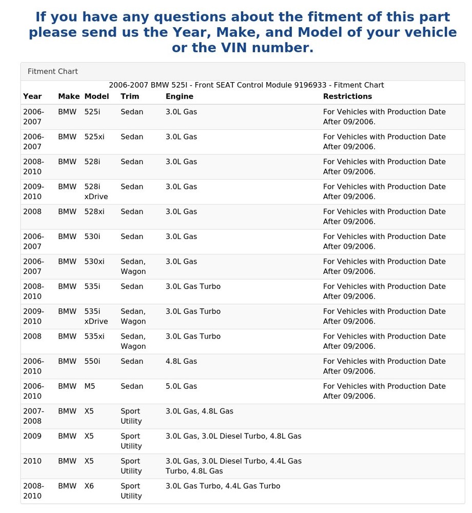 2006-2007 BMW 525I - Front SEAT Control Module 9196933