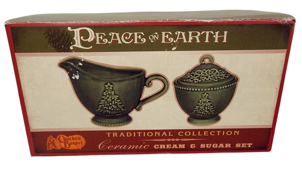 Cracker Barrel Peace On Earth Green Ceramic Cream & Sugar Set