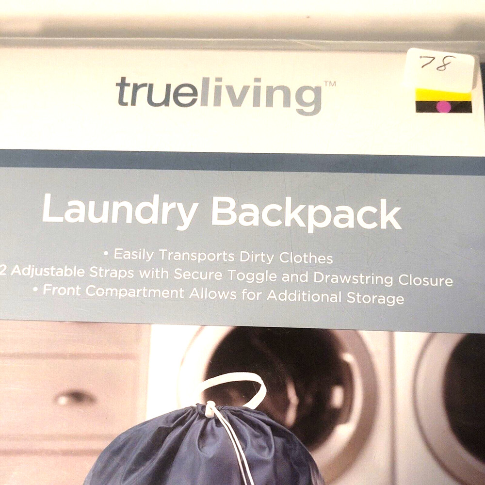 True Living Laundry Backpack Bag w/ Mesh Front Pocket - Blue - Adjustable Straps