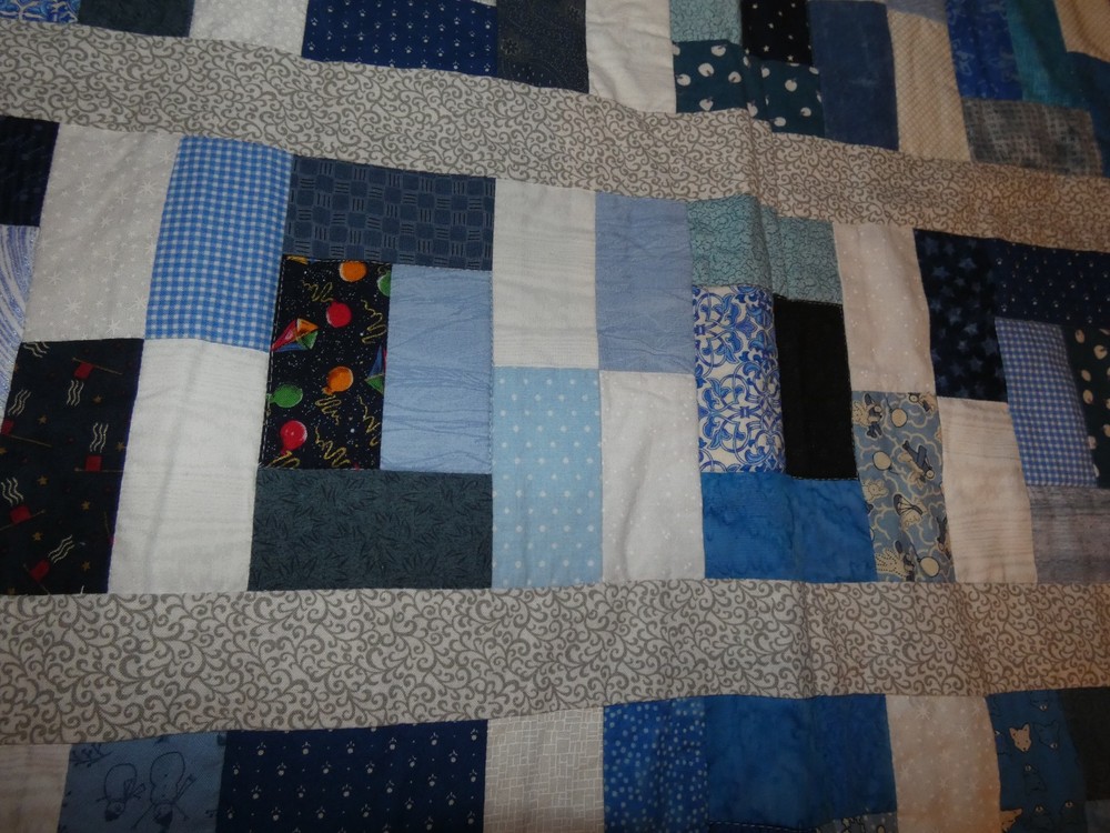 Blue Rectangles Handmade Quilt Pieced Child Prints 33 x 39"