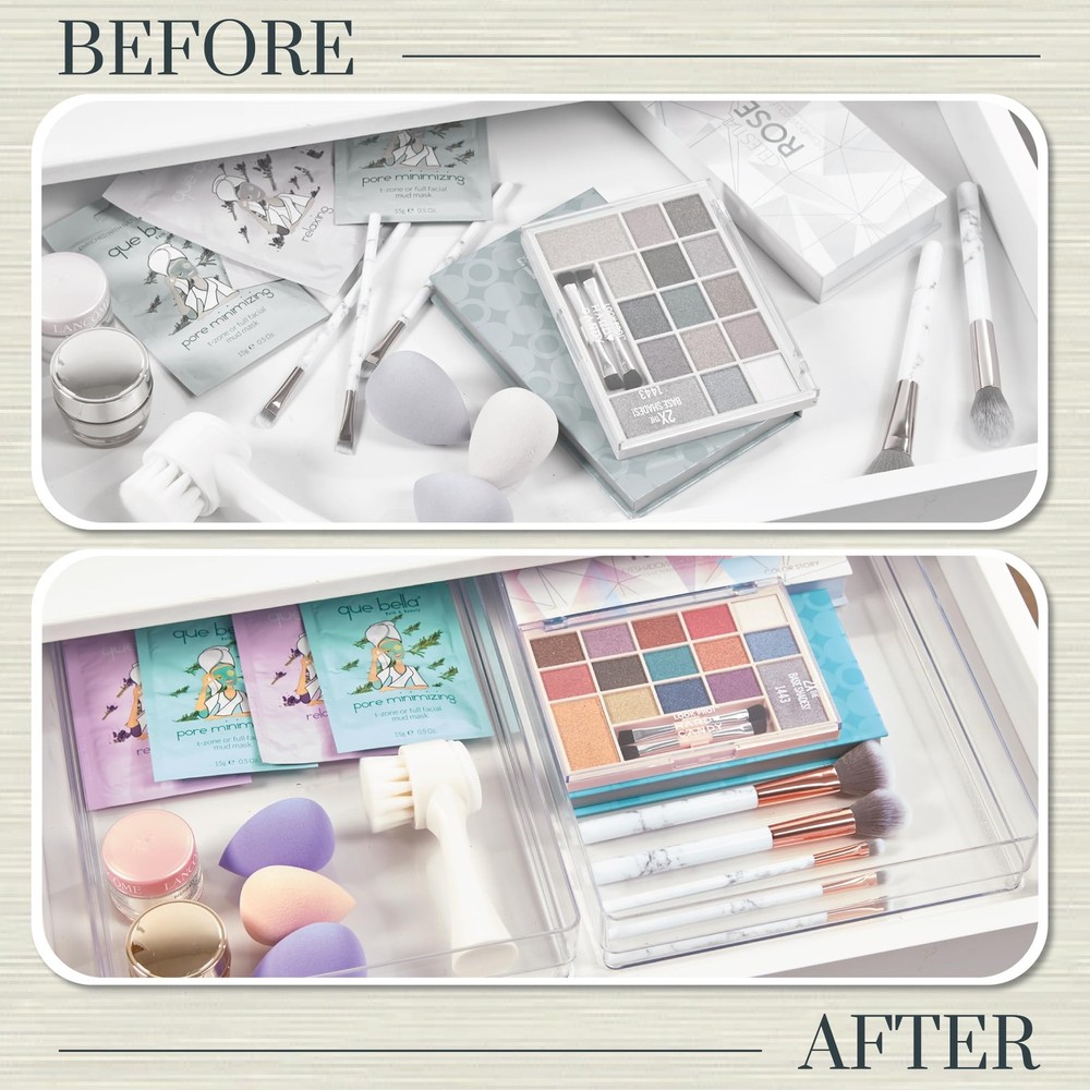 SimpleSort 2-Piece Stackable Clear Drawer Organizer Set | 12" x 9" x 2" Recta...