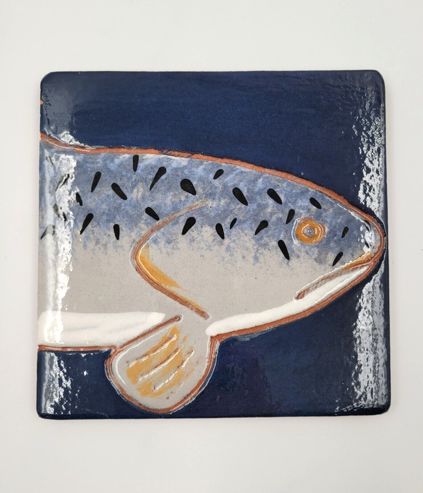 Tile Trivet Fish 6" Square Clay Art Hand Painted