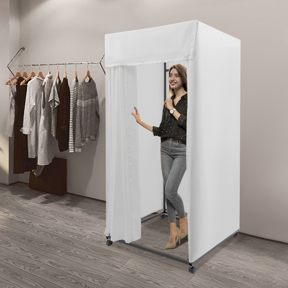 Portable Rectangular Dressing Room 4-Wheels Freestanding Movable Fitting Room