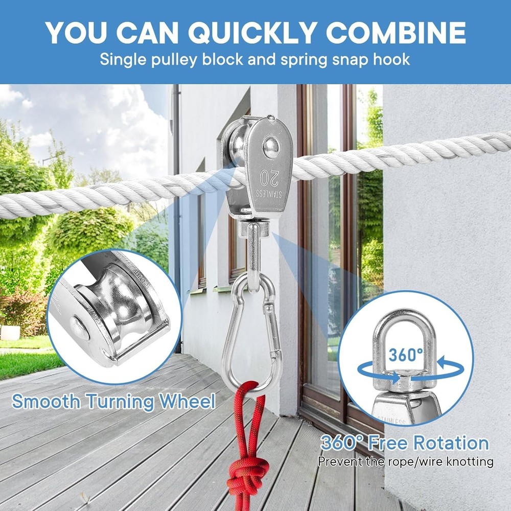 10Pcs Stainless Steel M20 Pulley Block with 10Pcs Spring Snap Hook Multi-Use