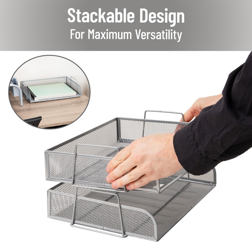 Stackable Tray, Desktop Organizer, File Storage, Office, Metal Mesh, 2 Pcs., ...