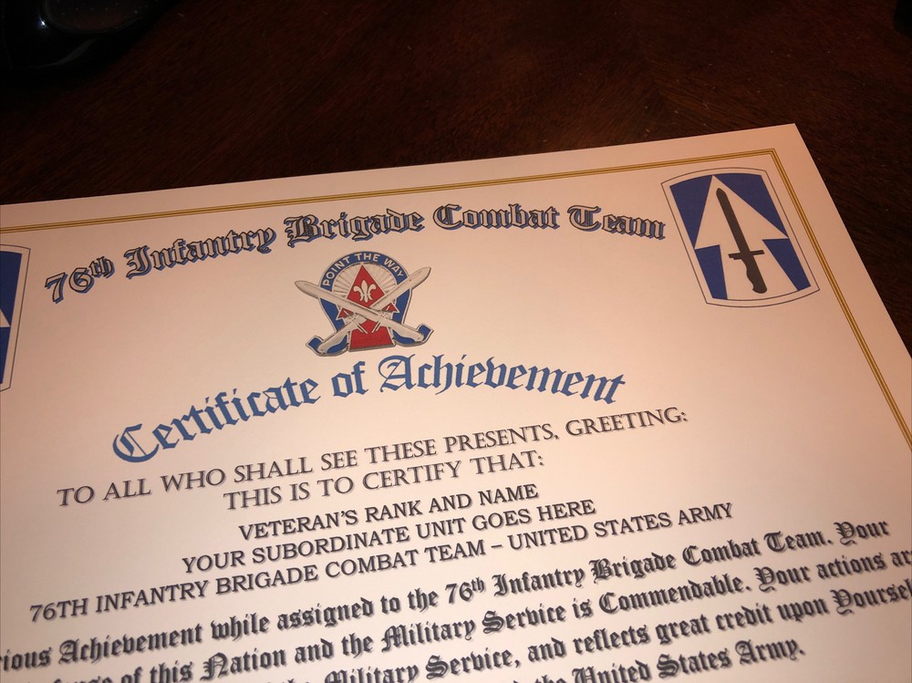 76TH INFANTRY BRIGADE COMBAT TEAM - COA / (COMMEMORATIVE CERTIFICATE)