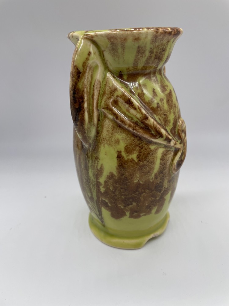 Vtg Pottery Handled Vase Green/Brown 5 1/2” #2