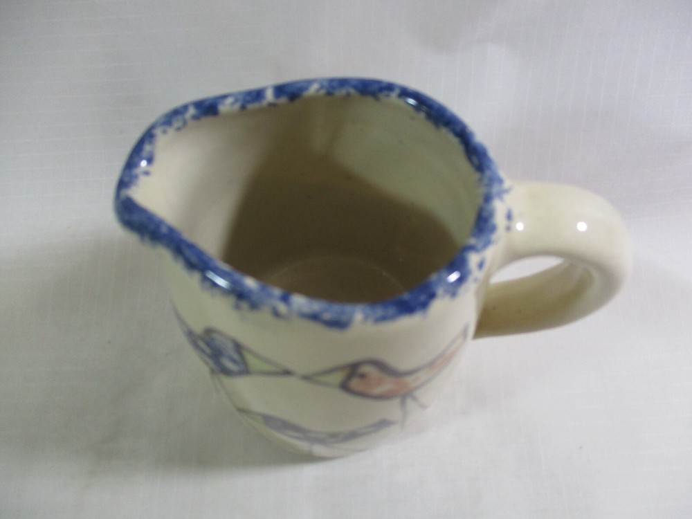 Handcrafted Three Bird Spongeware 4" Handled Stoneware Pottery Creamer