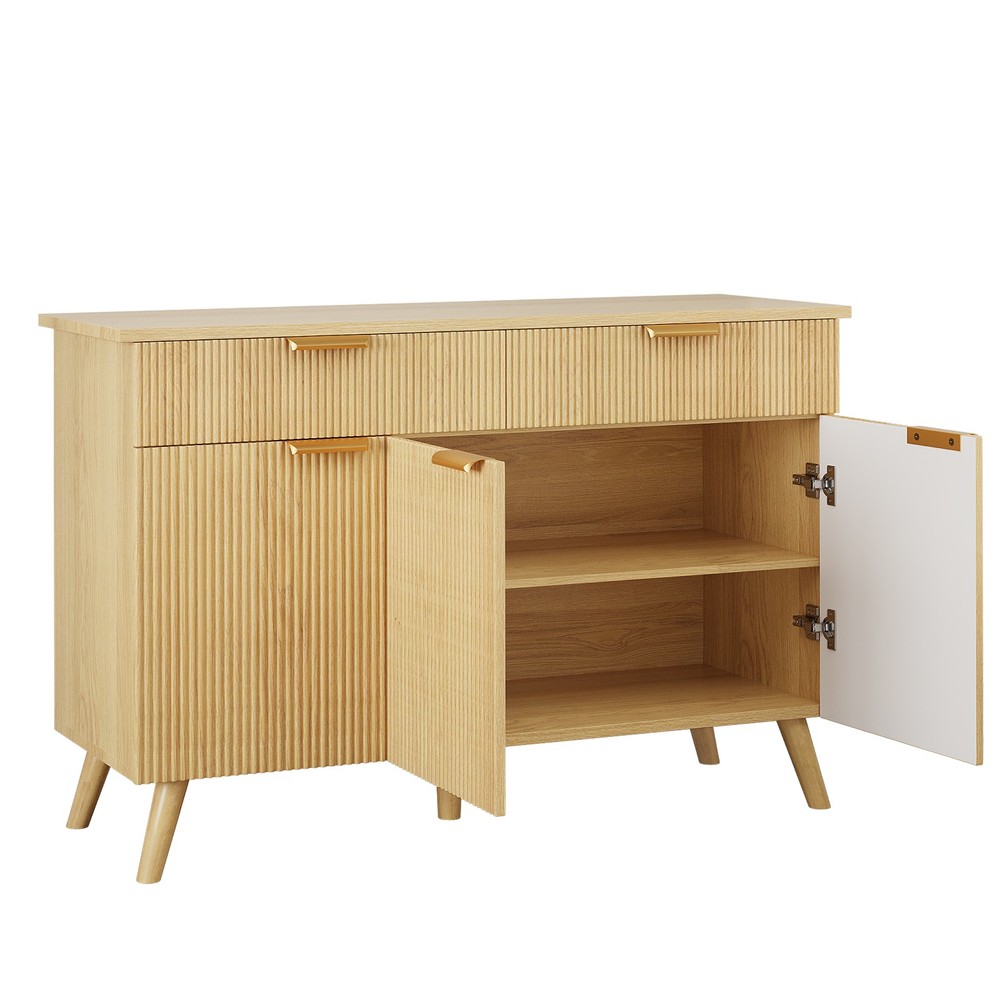 Kitchen Storage Cabinet with Drawers and Doors, Modern Fluted Sideboard Buffet