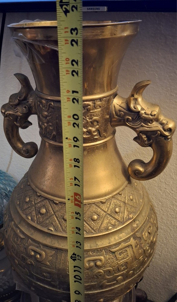 Oriental Brass Vase With Foo Dragon Handles