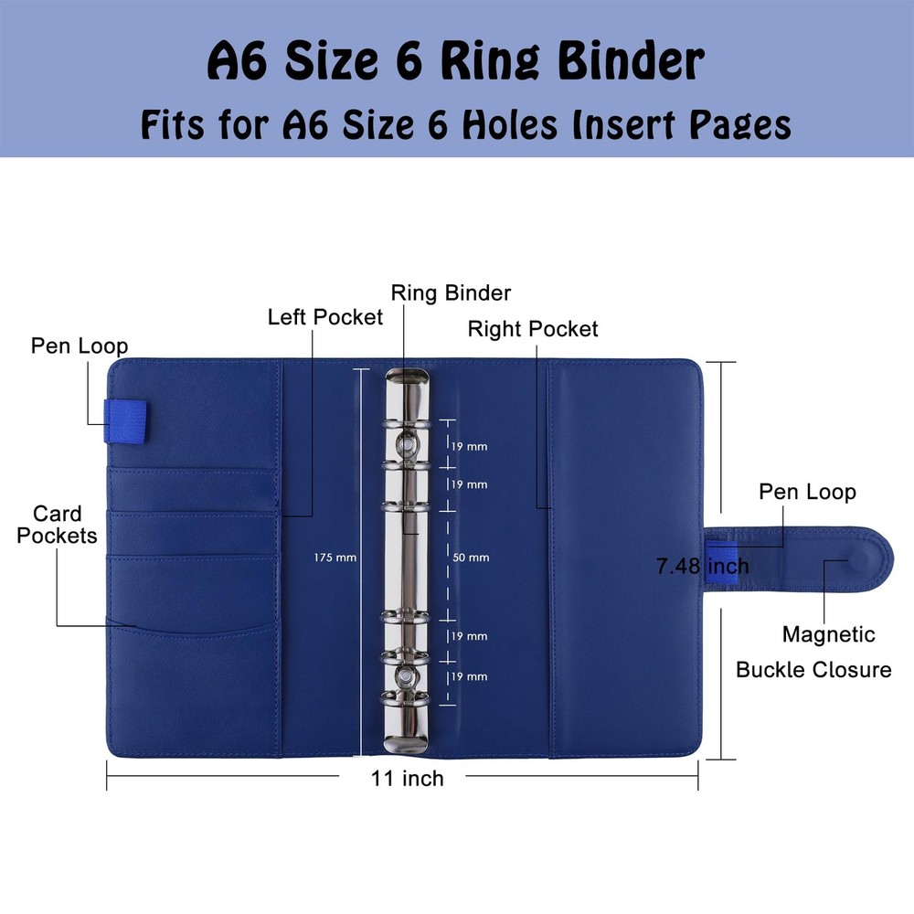Antner A6 PU Leather Budget Binder - Refillable 6 Ring Notebook A6, Navy Blue