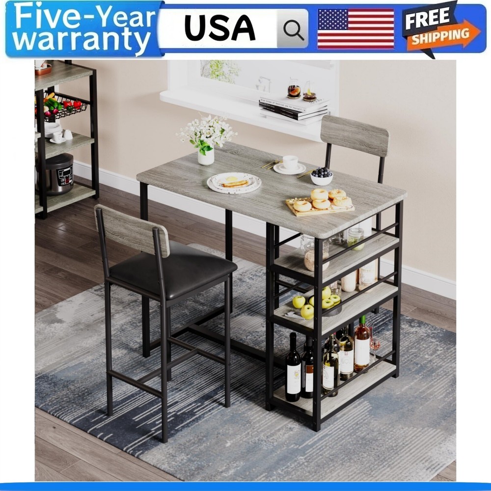 🍎Dining Table Set for 2 Kitchen Table with 2 Upholstered Bar Chairs 3 Storage