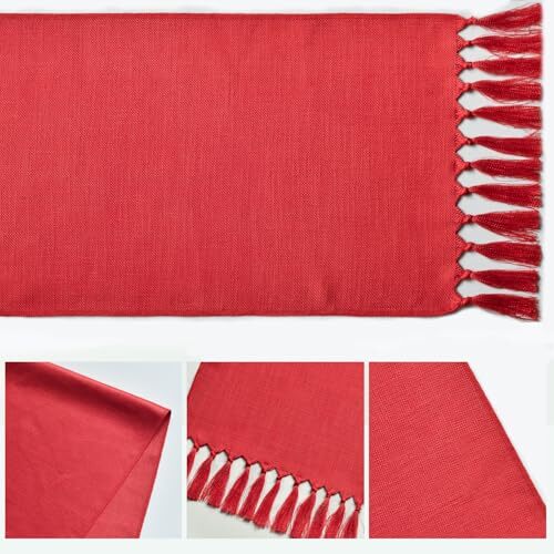Tassel Table Runner, Christmas Linen Blend Rustic 13" x 48", Table Runner Red