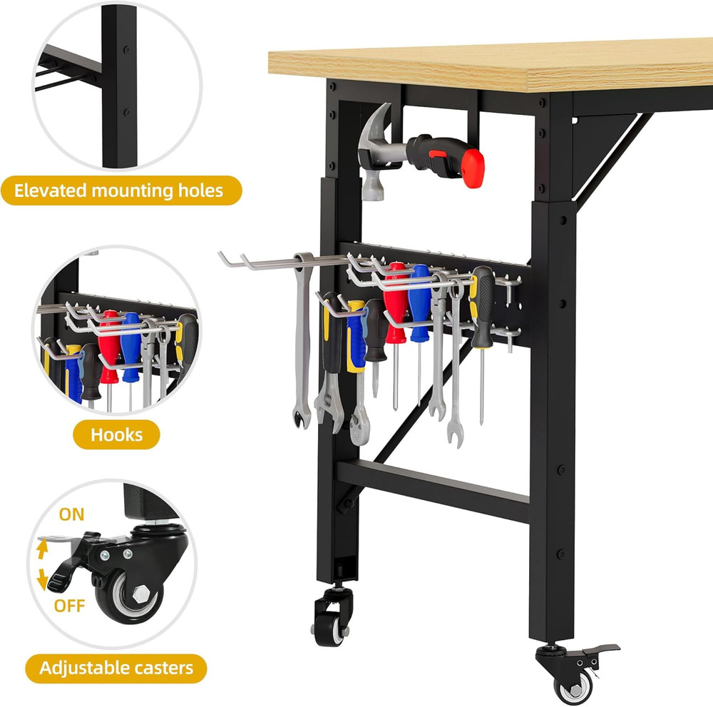 60" Adjustable Workbench on Wheels, Garage Tool Work Bench with Outlets & Wheels