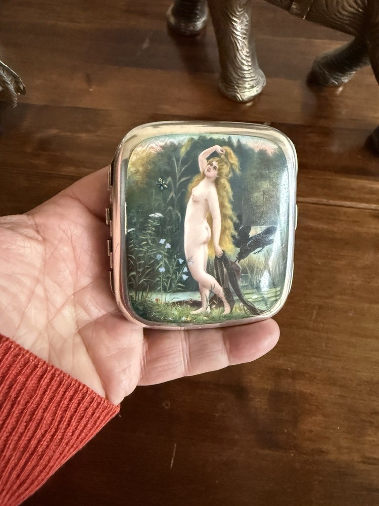 Antique Enamel Sterling Solid Silver Erotic Victorian Lady Cigarette Case Box