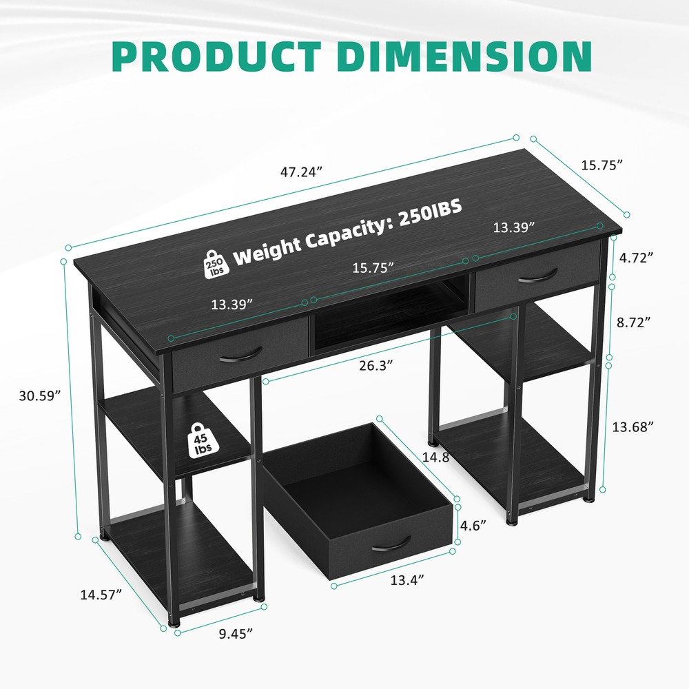 48" Office Computer Desk,Home Study Table with Storage Shelf & 3 Fabric Drawers
