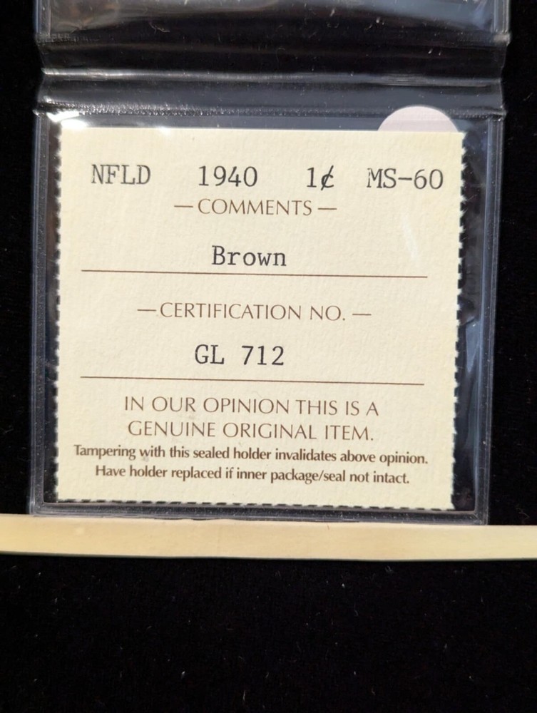 1940 ICCS Graded Newfoundland, Small One Cent, **MS-60** GL 712