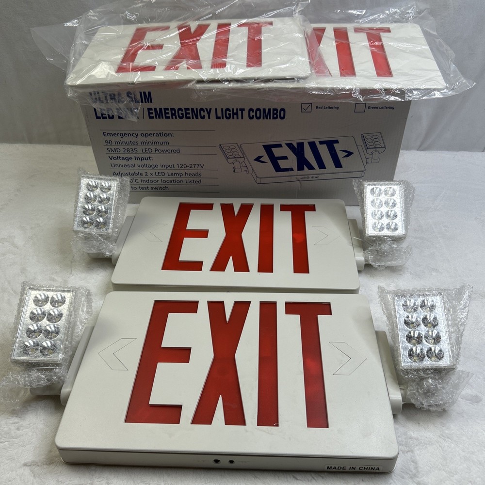 2 Pack LED Exit Sign Emergency Combo Light with Adjustable Two Head Battery UL
