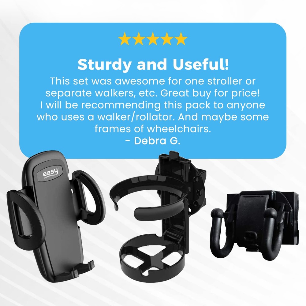 Mobility Combo Pack, Hook, Phone and Cup Holder for Walker, Portable Beverage...