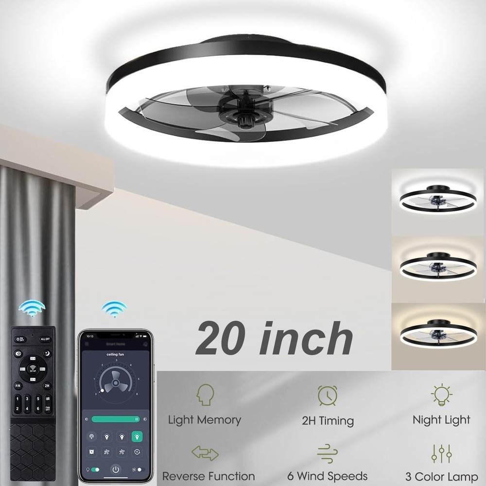 20" Modern Fan Lights Flush Mount LED Ceiling Light kit With APP Remote Control