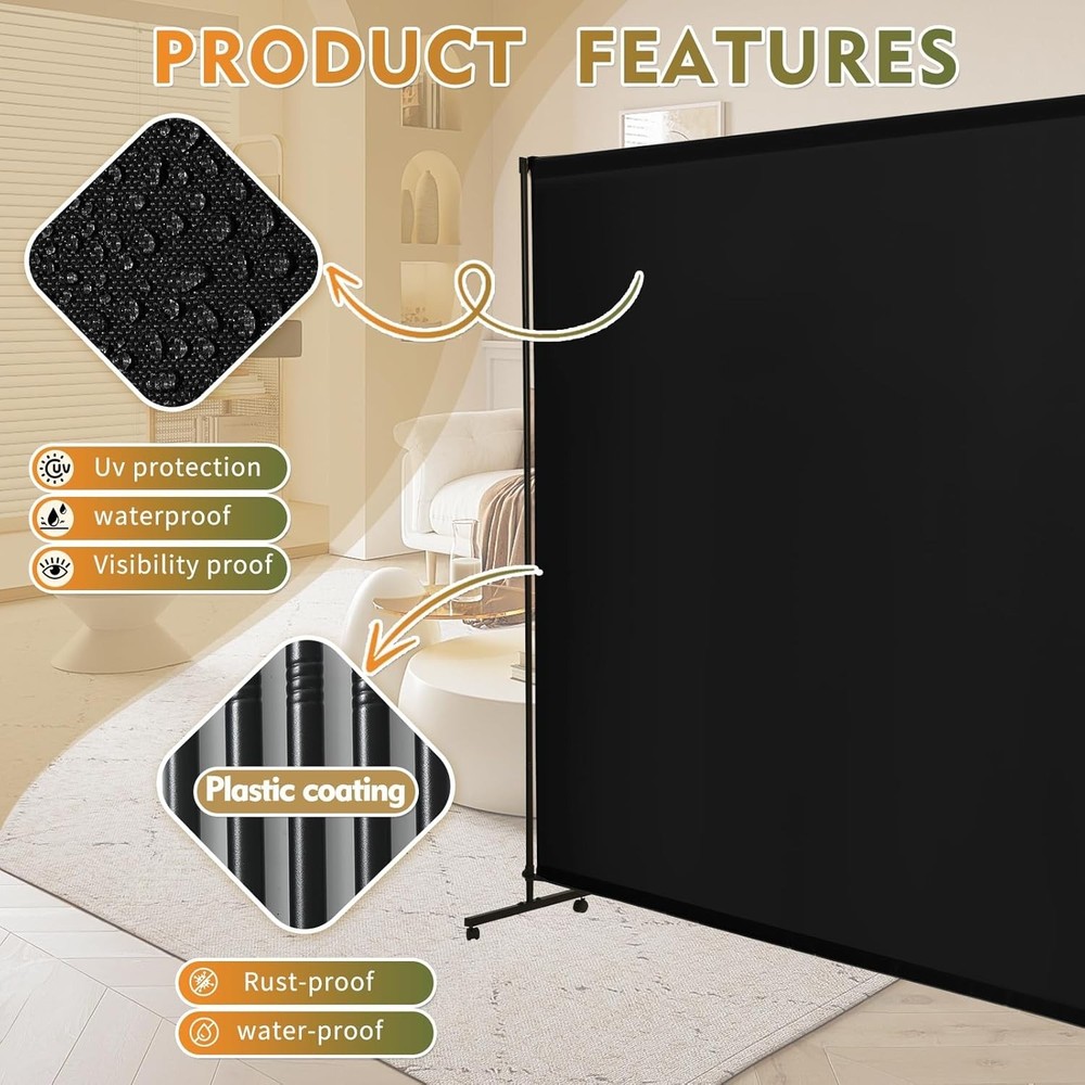 Room Divider Screen 72"x72" W/ Lockable Caster Wheels Privacy Panel Home