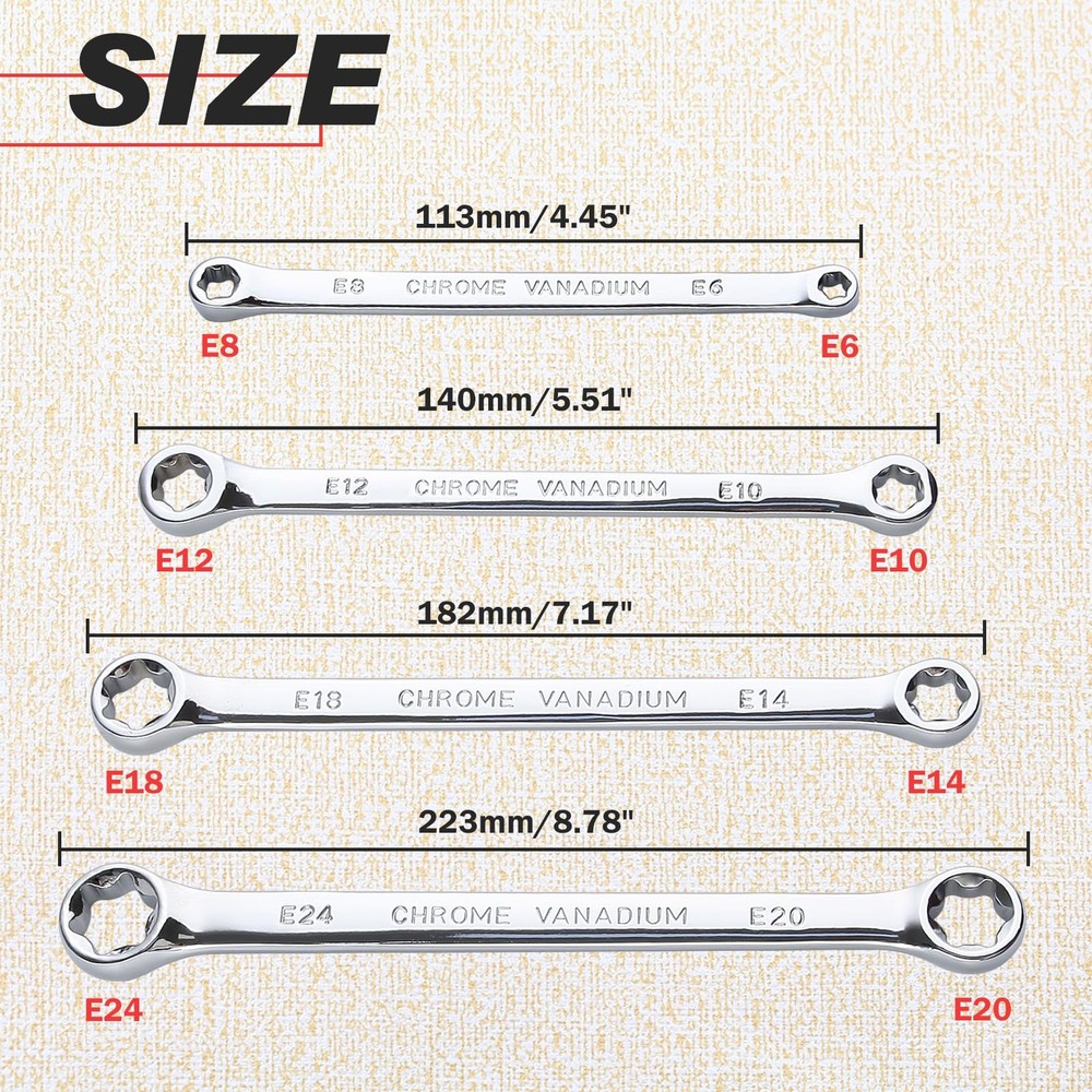 4 PCS E-Torx Wrench Set Double Box End Star Spanner E6-E24 Extra Long Tool