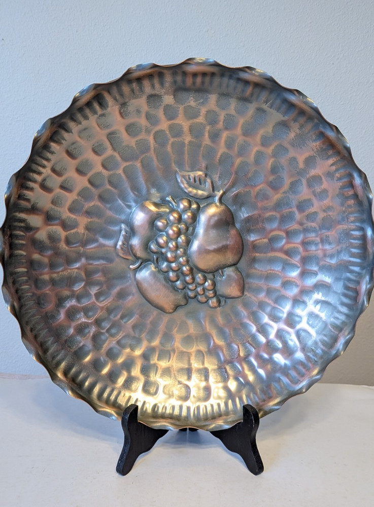 Vintage Gregorian Solid Copper Bowl Hammered Fruit Wall Plate USA D 13"