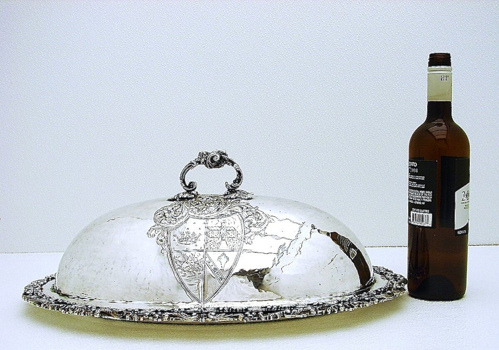 Hanau German Solid Silver Hand-hammered Serving Tray & Dome Lid marked Armorial