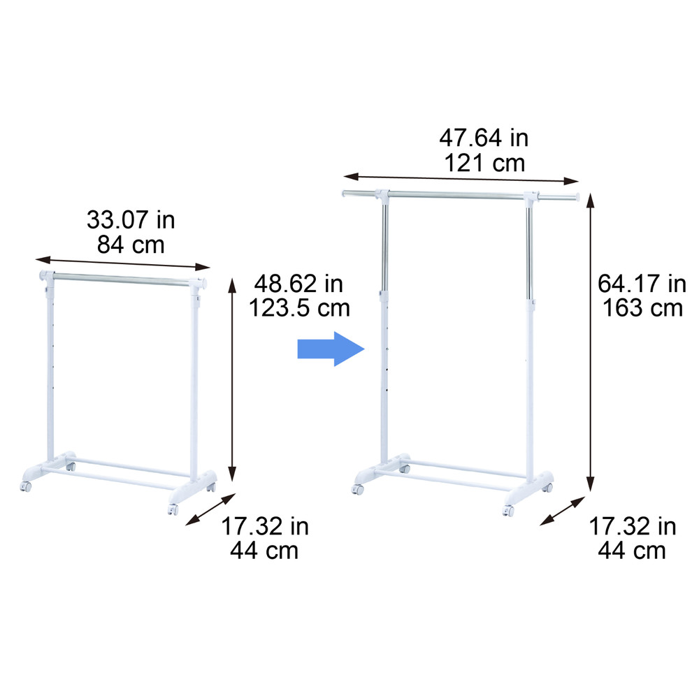 Adjustable Metal Rolling Garment Clothes Rack, Chrome & White