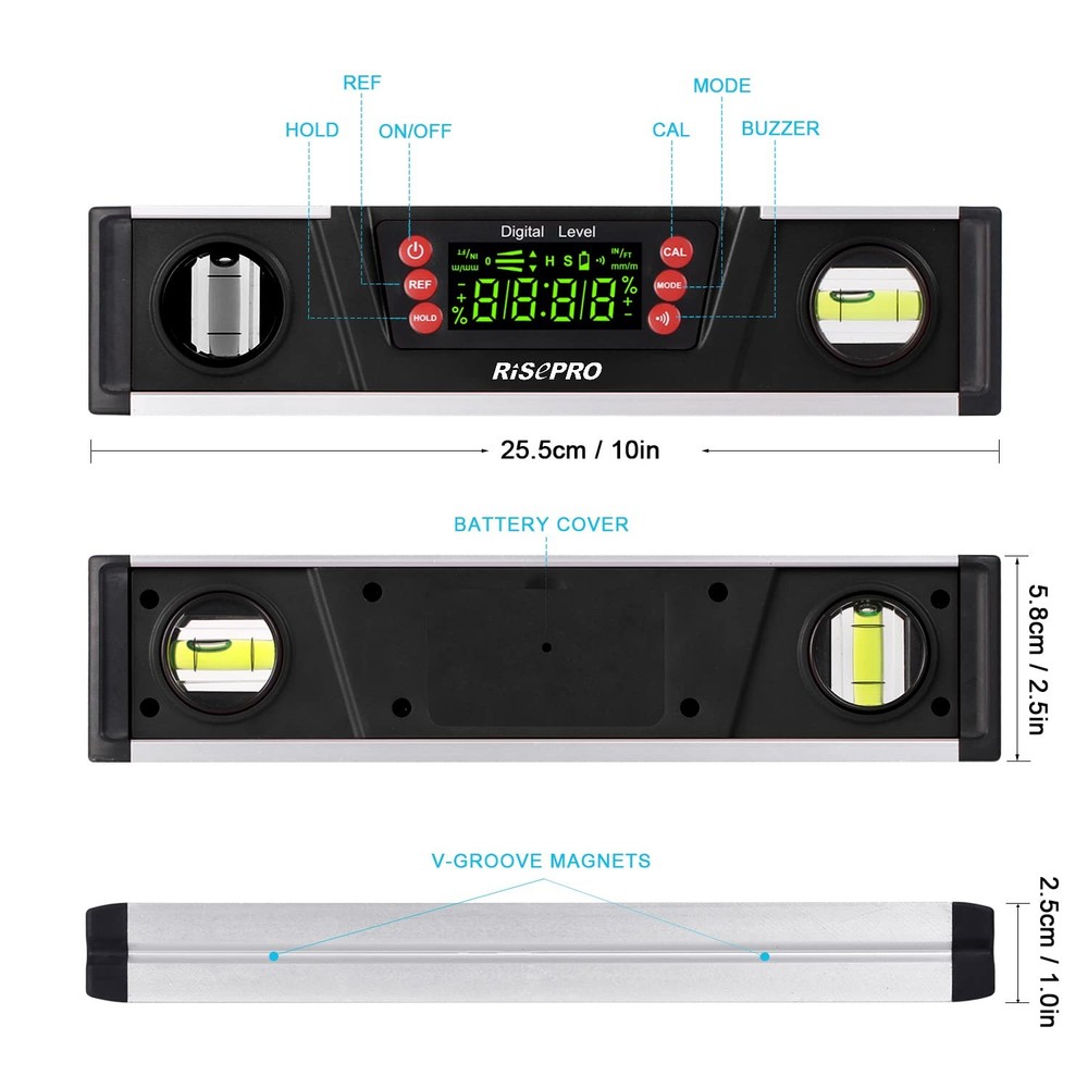 Digital Magnetic Level and Protractor - RISEPRO 10 Inches IP54 Protected Elec...