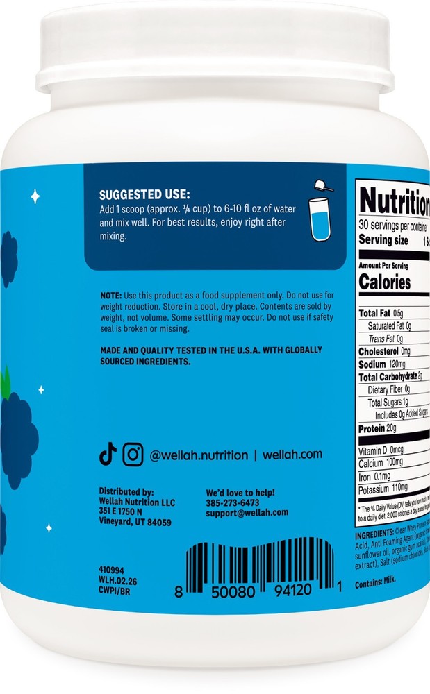 Wellah Clear Whey Protein Isolate Powder (Blue Raspberry) 30 Servings