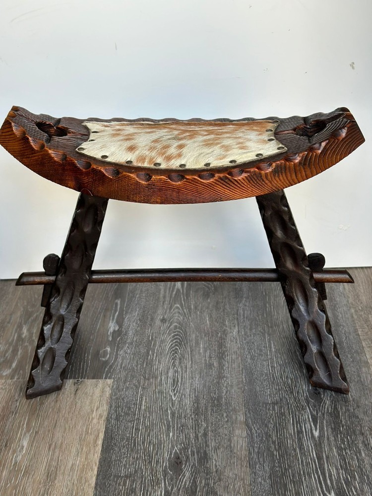 Vintage Spanish Hand-Carved Stool - Rustic Cowhide & Solid Wood