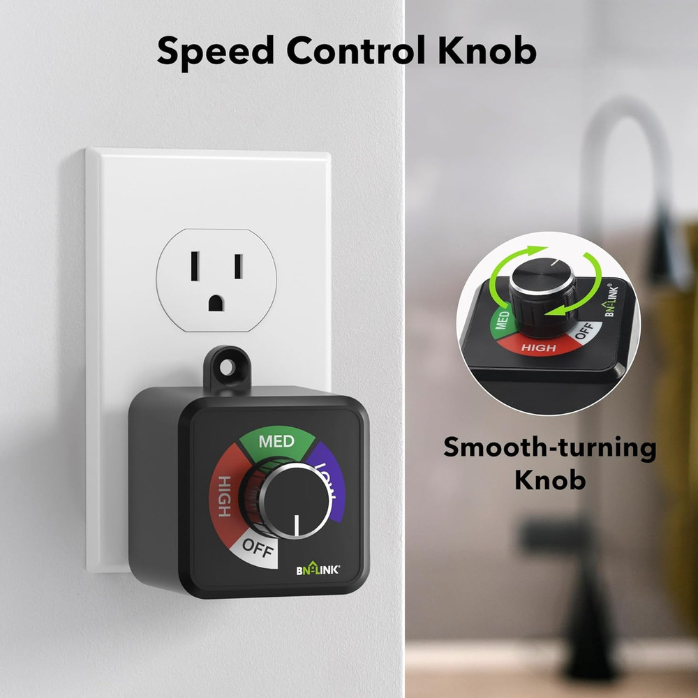 BN-LINK Variable Fan Speed Controller, Plug-In Electric 3 Speed Regulator Adjust