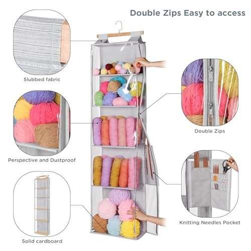 Hanging Yarn Storage Organizer with 5 Large Pockets, Knitting & Crochet Accessor
