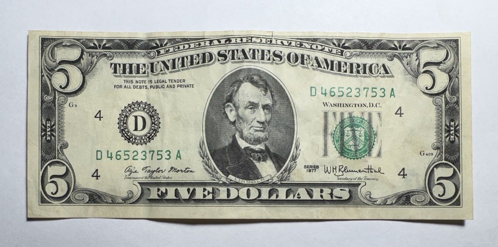 1977 $5 Five Dollar Bill Frn Note Offset Printing Front To Back Error