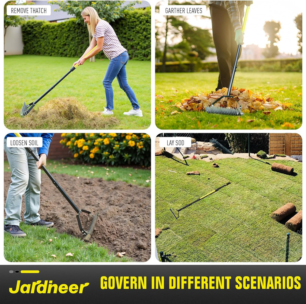 Thatch Rake for Lawns, 61.4" Long Handle Manual Dethatcher with Adjustable Head,
