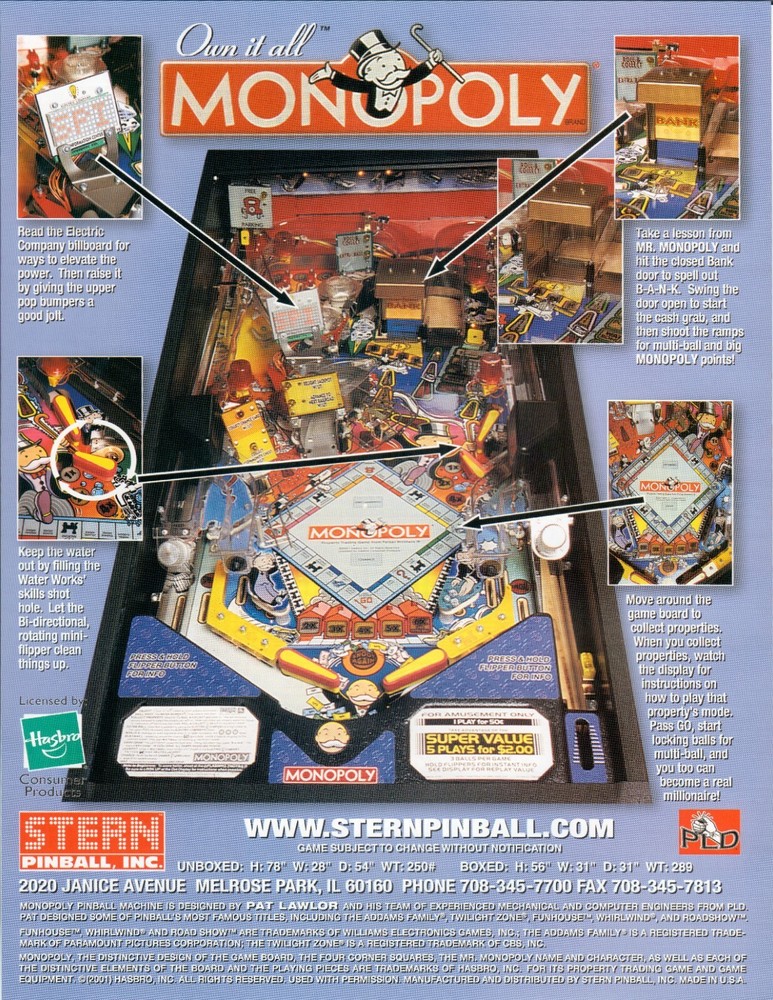 Monopoly Stern Pinball Flyer NOS 2001