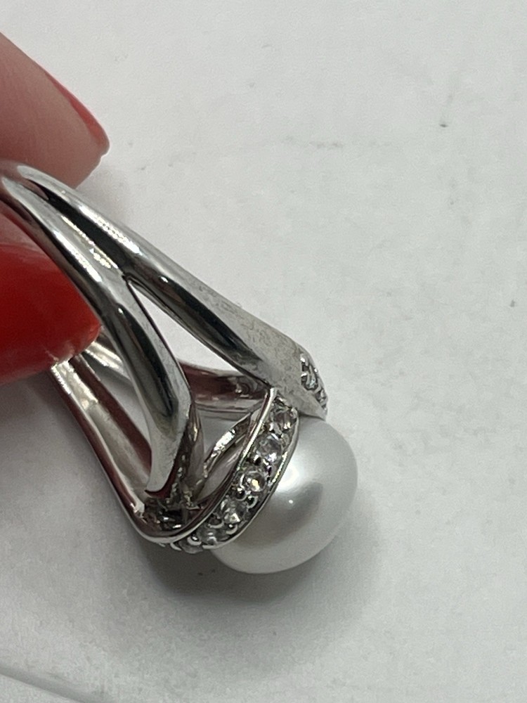 Sterling silver pearl clear cz cocktail ring size 9