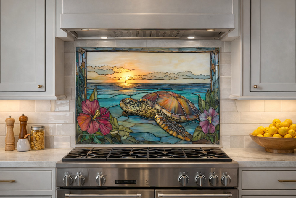 Stained Glass Look Sea Turtle Kitchen Backsplash Panel, Tropical Hibiscus Sunset