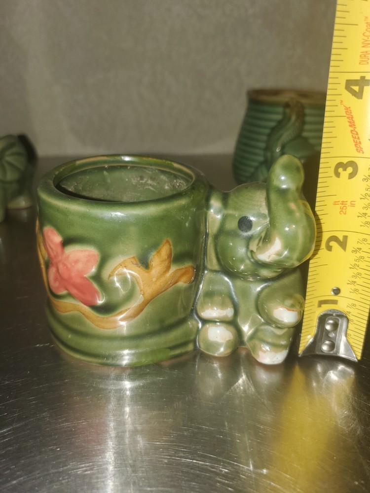 THREE Vintage Green Elephant Decorative Floral Tabletop Pottery Planters